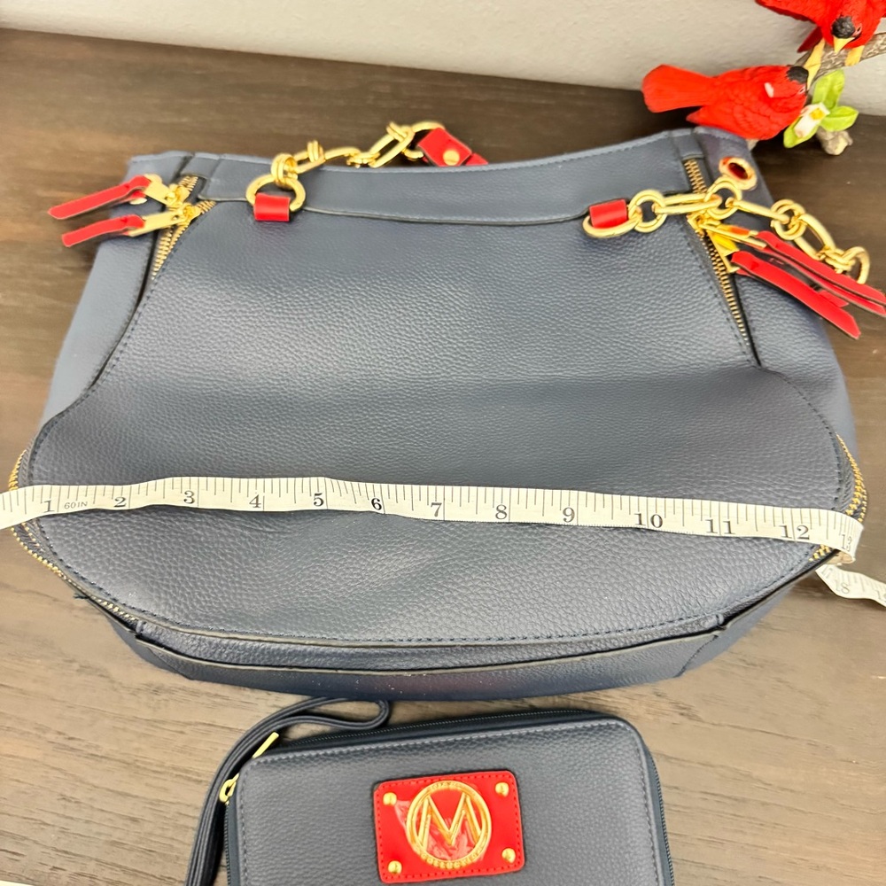 MKF Collection Blue Red Chain Shoulder Bag with Matching Wristlet - Picture 10 of 12